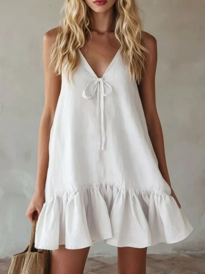 V-Neck Tie Front Ruffle Hem Mini Dress