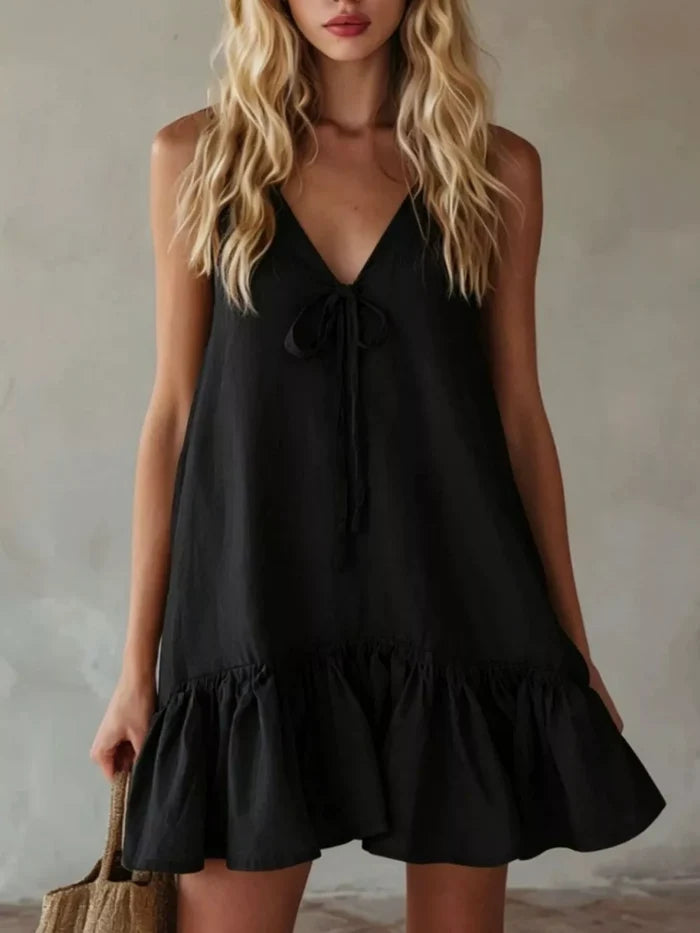 V-Neck Tie Front Ruffle Hem Mini Dress
