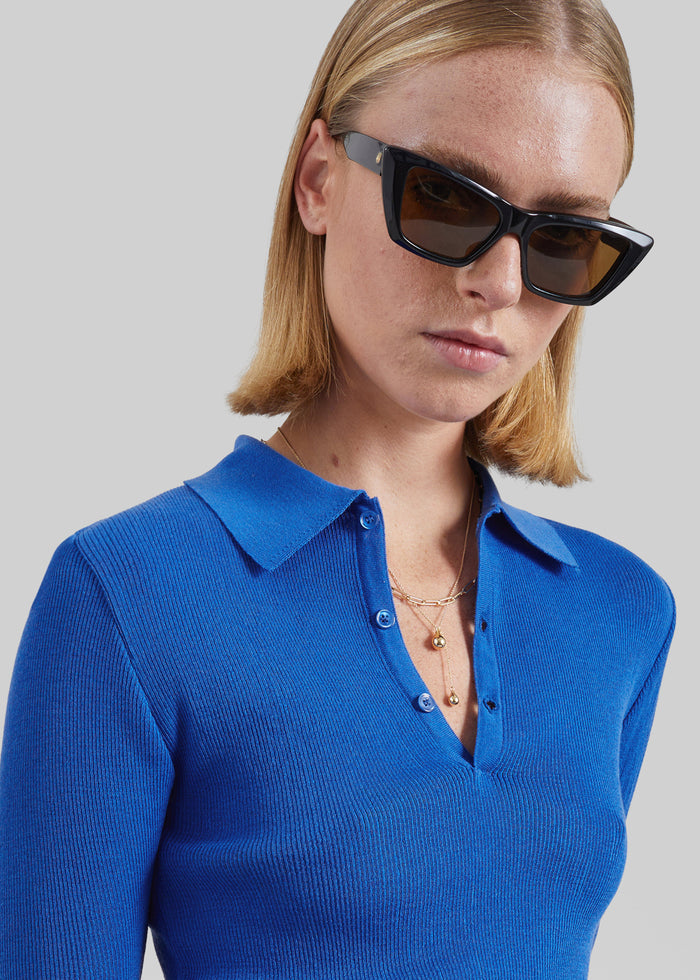 Vally Ribbed Knit Polo Top - Cobalt
