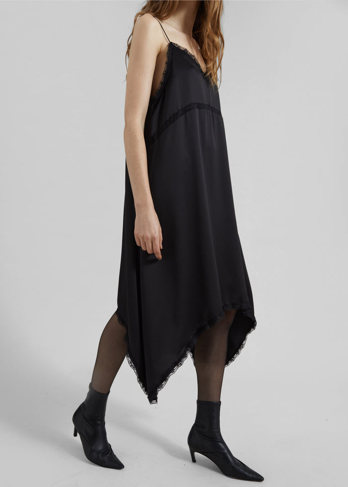 Velanne Satin Lace Trim Dress - Black