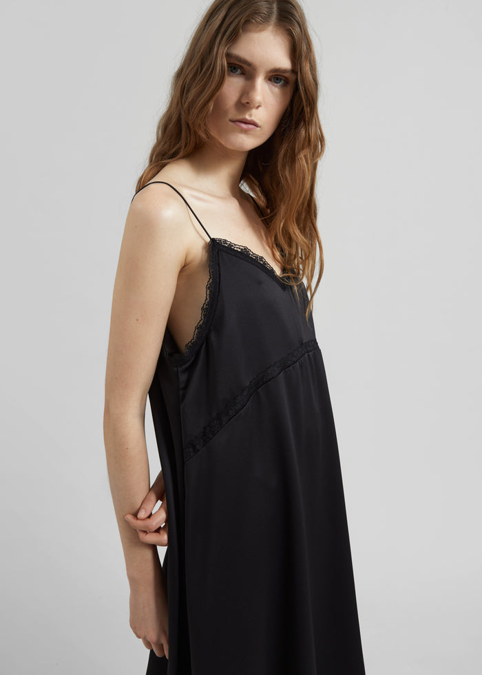 Velanne Satin Lace Trim Dress - Black