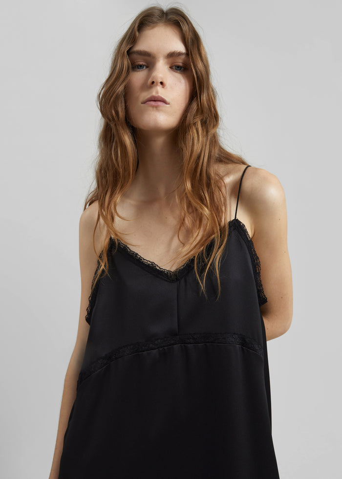 Velanne Satin Lace Trim Dress - Black
