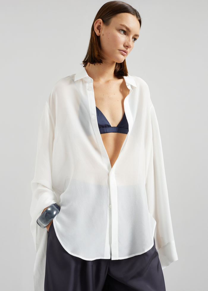 Verlin Sheer Chiffon Tie Cuff Shirt - White