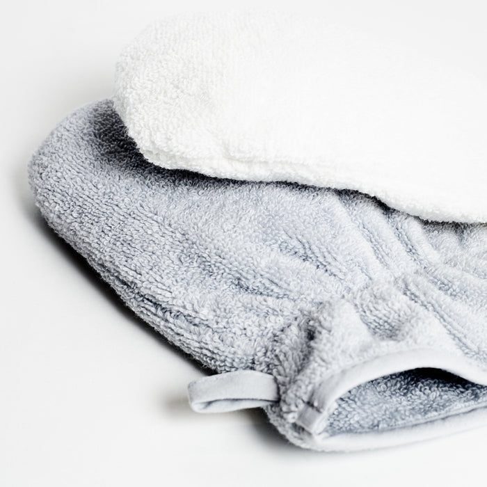 close up of baby mori towel mitts