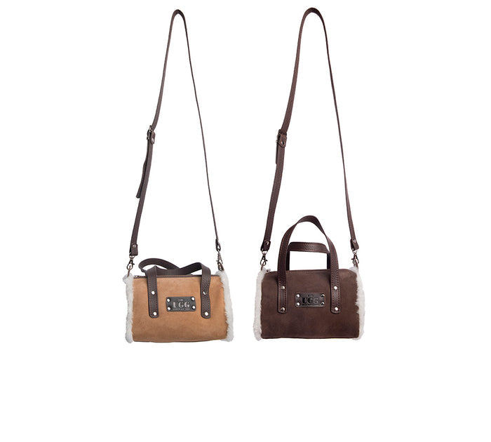 Women Sheepskin Wool Small Hand Carry Shoulder Strap Zip Barrell Bag - UGG EXPRESS